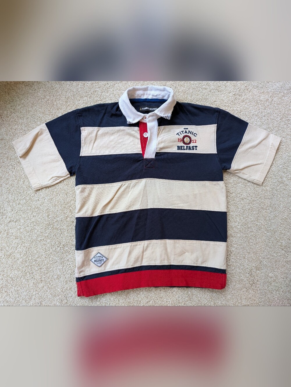 Navy, Cream, & Red Striped Rugby Polo Shirt From Titanic Belfast, Size 9-10